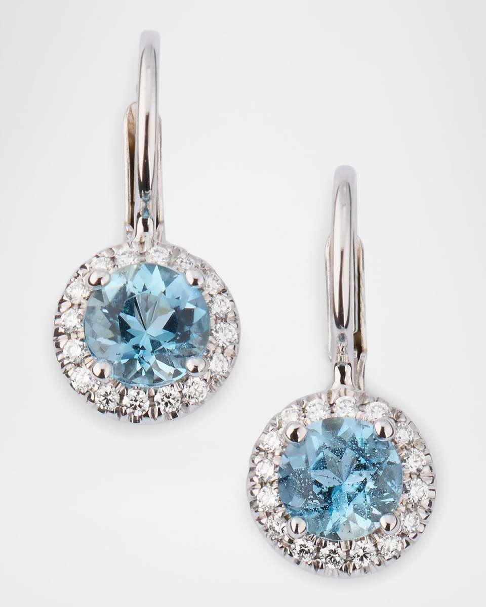 18K White Gold Round Aquamarine and Diamond Earrings
